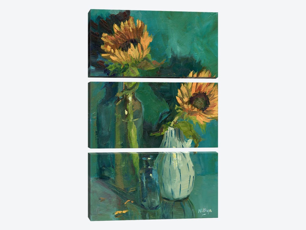 Sunflowers On Blue by Nithya Swaminathan 3-piece Canvas Print