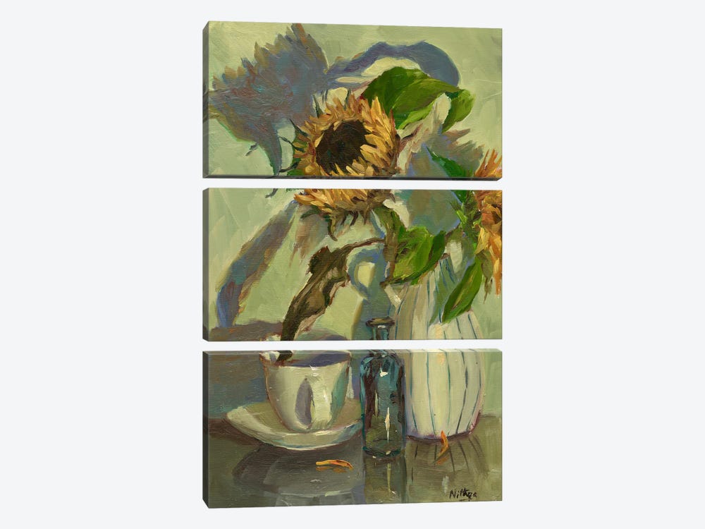 Shadows Of A Sunflower by Nithya Swaminathan 3-piece Canvas Wall Art