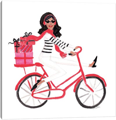 Red Bicycle Girl (African American) Canvas Art Print - Black Christmas Art