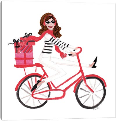 Red Bicycle Girl (Brunette) Canvas Art Print - Women's Pants Art