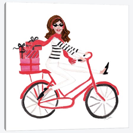 Red Bicycle Girl (Brunette) Canvas Print #NJP48} by Natasha Joseph Canvas Art