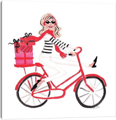 Red Bicycle Girl (Blonde) Canvas Art Print - Women's Pants Art