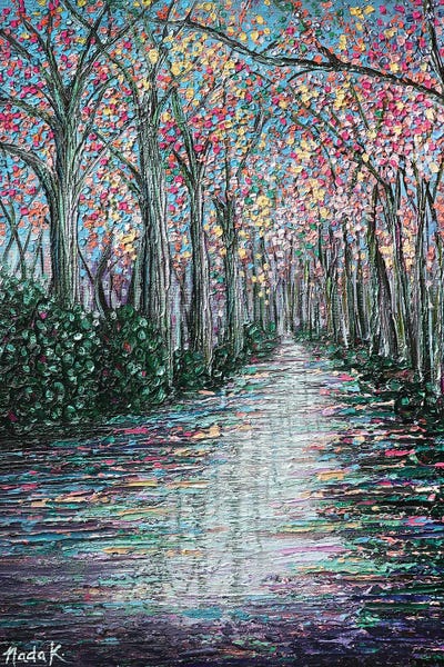Palette Knife Prints: Beauty In The Puddle - Blue Yellow Pink by Nada Khatib