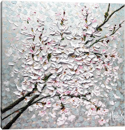 Petals In The Sky - Blue Gray Pink Canvas Art Print - Cherry Blossom Art