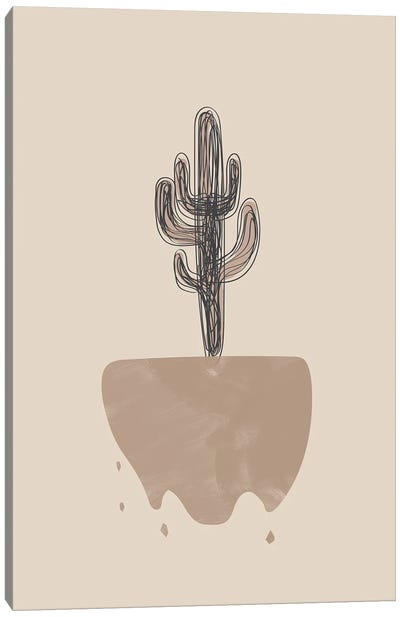 Beige Black Cactus Canvas Art Print - Black & Beige Art