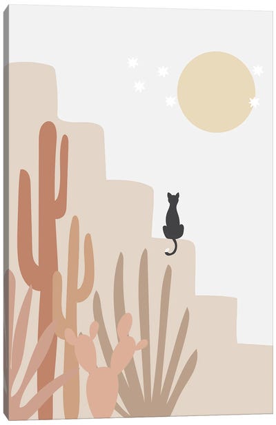 Cactus And Cat Canvas Art Print - '70s Aesthetic