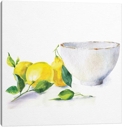 Lemon Bowl Canvas Art Print - Gray & Yellow Art