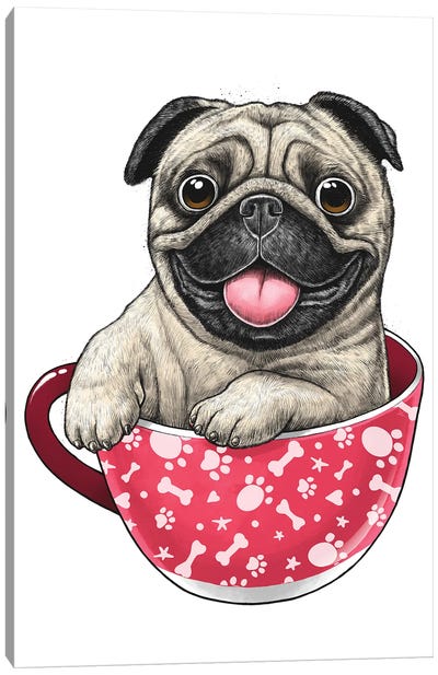 Pug In A Cup Canvas Art Print - Nikita Korenkov