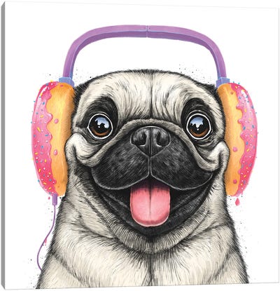 Pug With Headphones Canvas Art Print - Pug Art