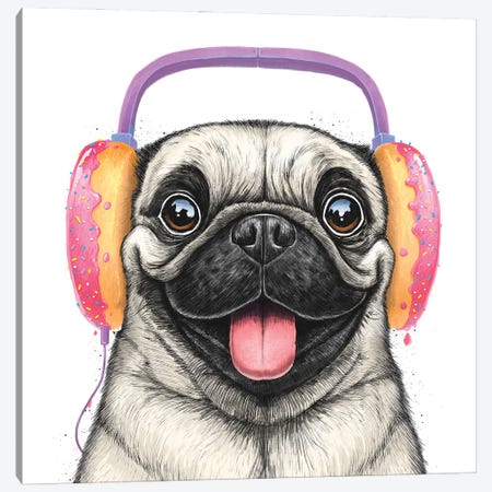 Pug With Headphones Canvas Print #NKV110} by Nikita Korenkov Canvas Print