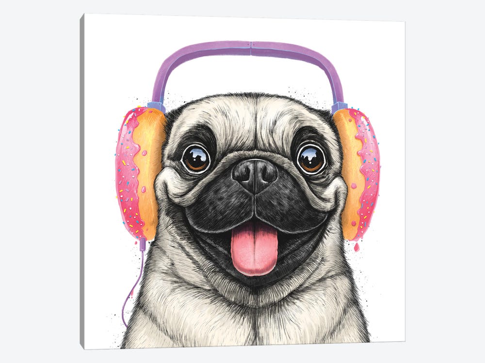 Pug With Headphones by Nikita Korenkov 1-piece Canvas Art Print