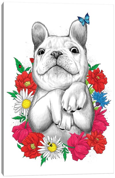 Dog In Flowers Canvas Art Print - Nikita Korenkov