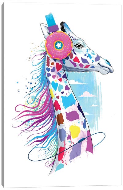 Giraffe In The Headphones Of Donuts Canvas Art Print - Nikita Korenkov