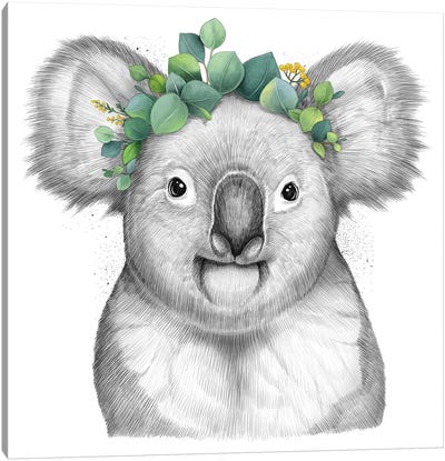 Koala With Eucalyptus Canvas Art Print - Koala Art