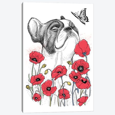 Pug In Poppies Canvas Print #NKV51} by Nikita Korenkov Canvas Artwork