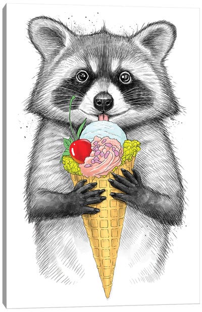 Raccoon With Ice Cream Canvas Art Print - Raccoon Art