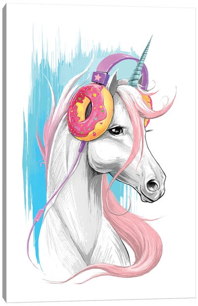 Unicorn In The Headphones Of Donuts Canvas Art Print - Nikita Korenkov