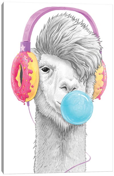 Lama In The Headphones Of Donuts Canvas Art Print - Llama & Alpaca Art