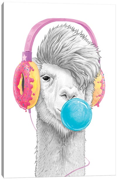 Llama In The Headphones Canvas Art Print - Nikita Korenkov