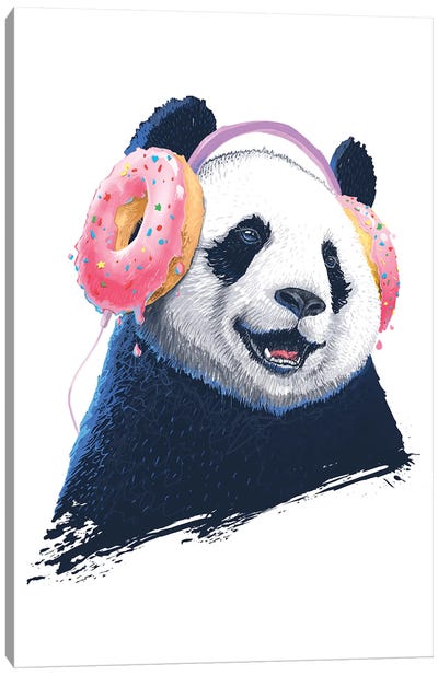 Panda In Headphones Canvas Art Print - Panda Art