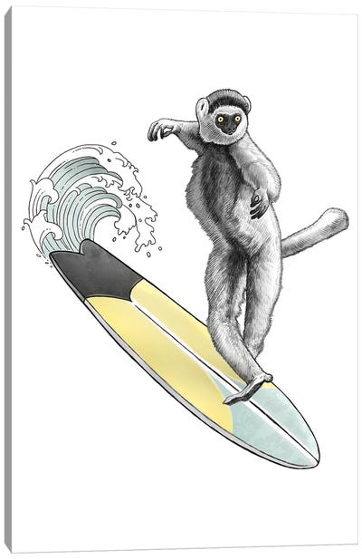 Sifaka Surfer Canvas Art Print - Monkey Art