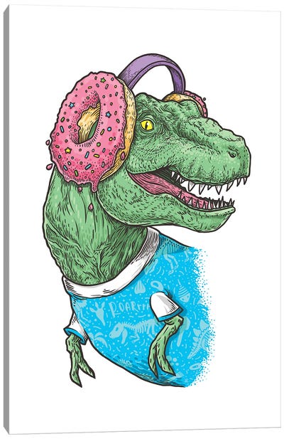 T-Rex With Headphones Canvas Art Print - Donut Art