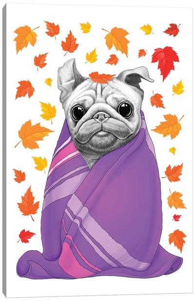 Autumn Pug In Plaid Canvas Art Print - Nikita Korenkov