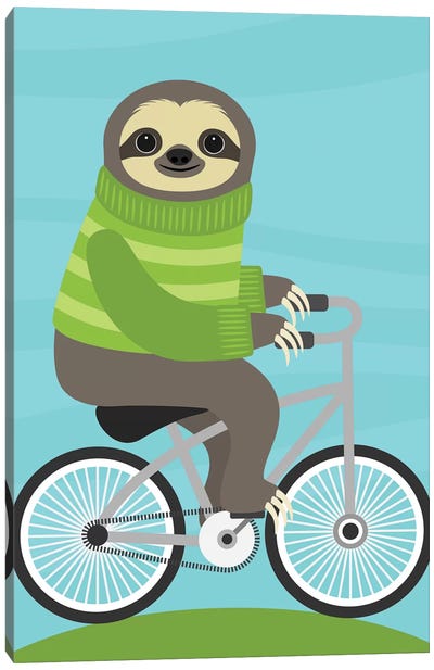 Cycling Sloth Canvas Art Print - Kids Transportation Art