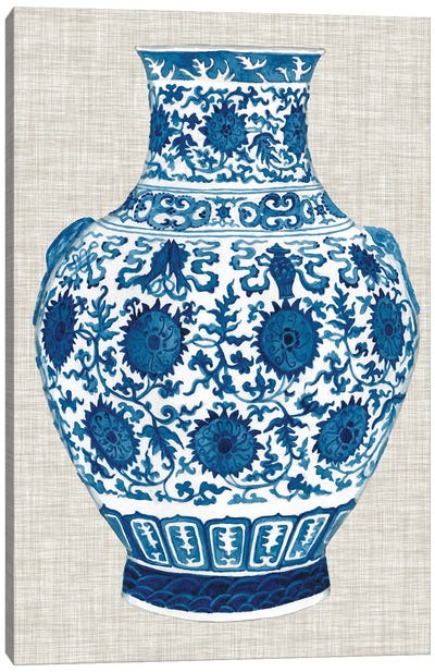 Ming Vase On Linen V Canvas Art Print - Pottery Still Life