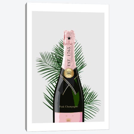 Pink Champagne Bottle Grey Canvas Print #NMD141} by Naomi Davies Canvas Wall Art