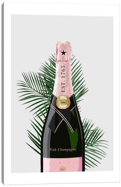 Pink Champagne Bottle Grey Canvas Art Print - Champagne Art