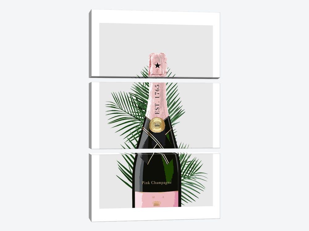 Pink Champagne Bottle Grey by Naomi Davies 3-piece Canvas Wall Art