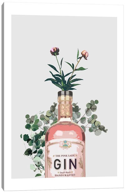 Pink Gin Bottle Grey Canvas Art Print - Gin Art
