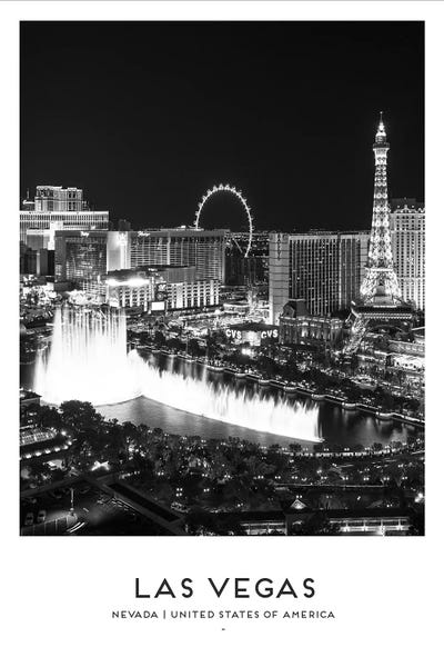 Las Vegas Travel Posters: Las Vegas USA Black And White by Naomi Davies