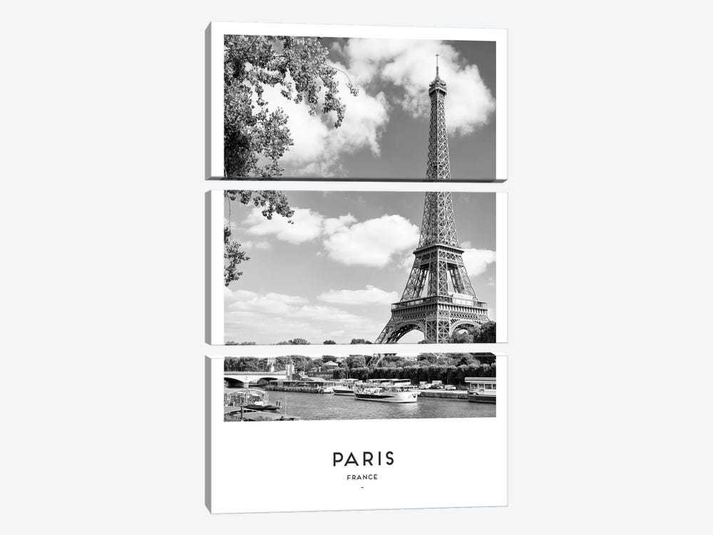 Paris France Black And White by Naomi Davies 3-piece Canvas Print