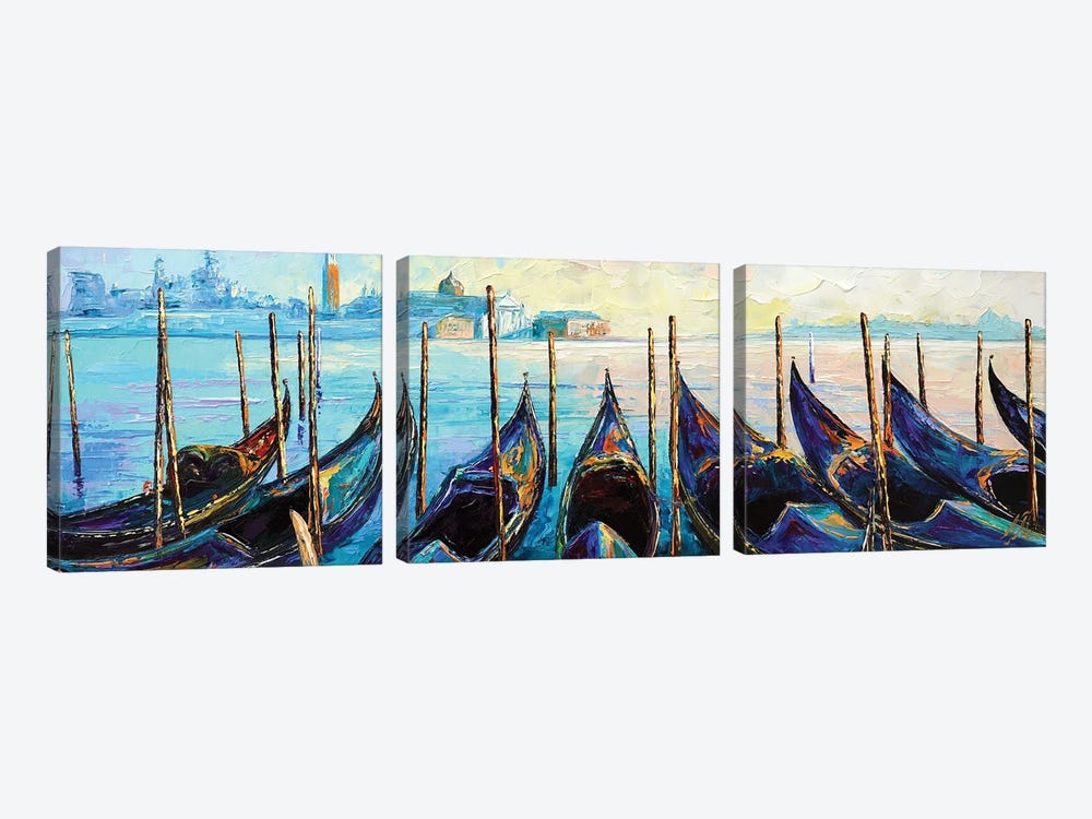 Gondolas At Giardini Ex Reali. Venice by Natasha Mylius 3-piece Canvas Art Print