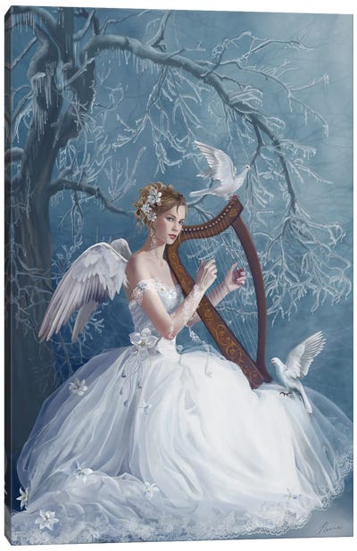 Chorus Agne With Harp And Dove Canvas Art Print - Dove & Pigeon Art