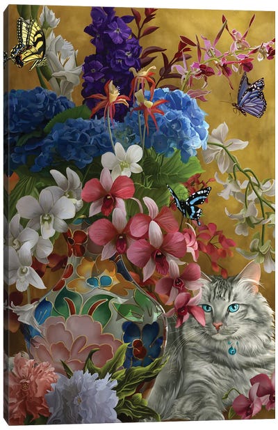 Gilded Cat And Flowers Canvas Art Print - Persian Cat Art