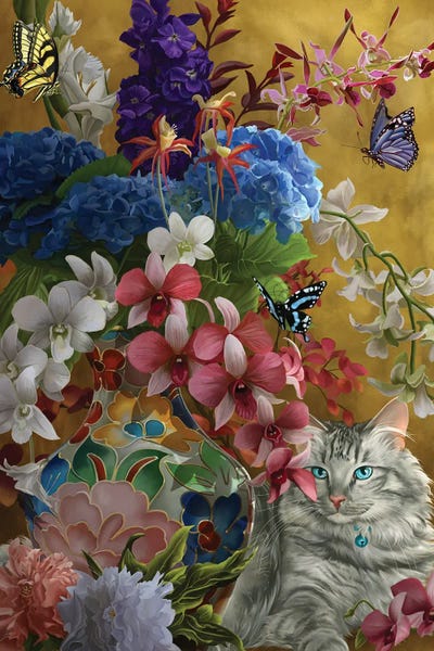 Nene Thomas: Gilded Cat And Flowers by Nene Thomas
