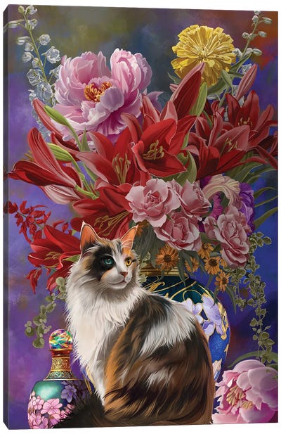 Cats And Flowers Four Chinoiserie Canvas Art Print - Cat Art