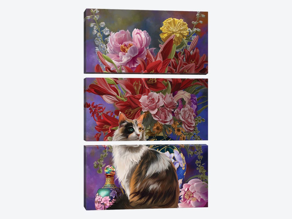 Cats And Flowers Four Chinoiserie by Nene Thomas 3-piece Canvas Art