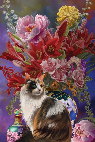 Botanical Still Life: Cats And Flowers Four Chinoiserie by Nene Thomas