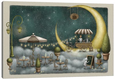 Cafe By The Moon Canvas Art Print - Crescent Moon Art