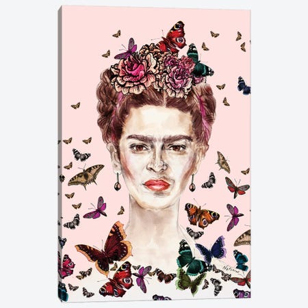 Frida Kahlo Flowers Butterflies Canvas Print #NOT22} by Notsniw Art Canvas Wall Art