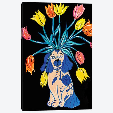 Staffordshire Dog With Tulips Canvas Print #NPN34} by Nicoleta Paints Canvas Print