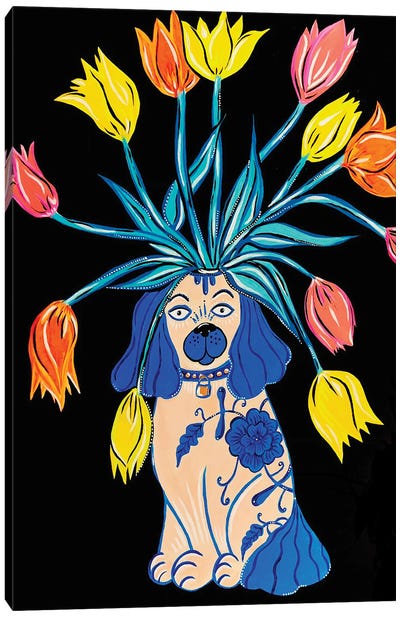 Staffordshire Dog With Tulips Canvas Art Print - Nicoleta Paints