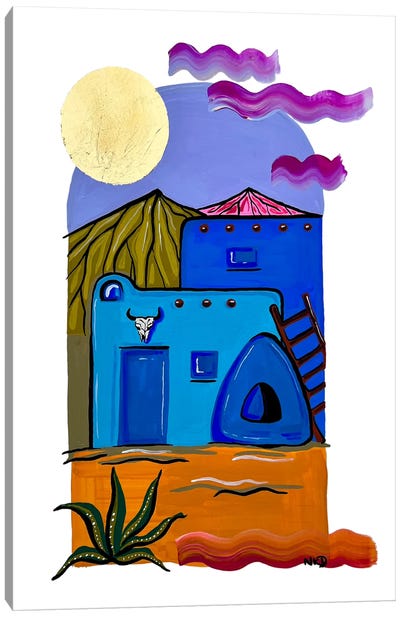 Blue Adobe House Canvas Art Print - Mountain Sunrise & Sunset Art