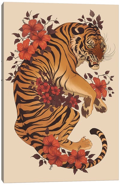 Hibiscus Tiger Canvas Art Print - Embellished Animals
