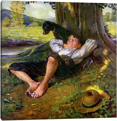 Barefoot Boy Daydreaming Canvas Art Print - Field, Grassland & Meadow Art