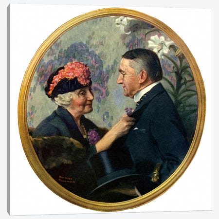 Woman Pinning Boutonniere on Man Canvas Print #NRL117} by Norman Rockwell Canvas Artwork